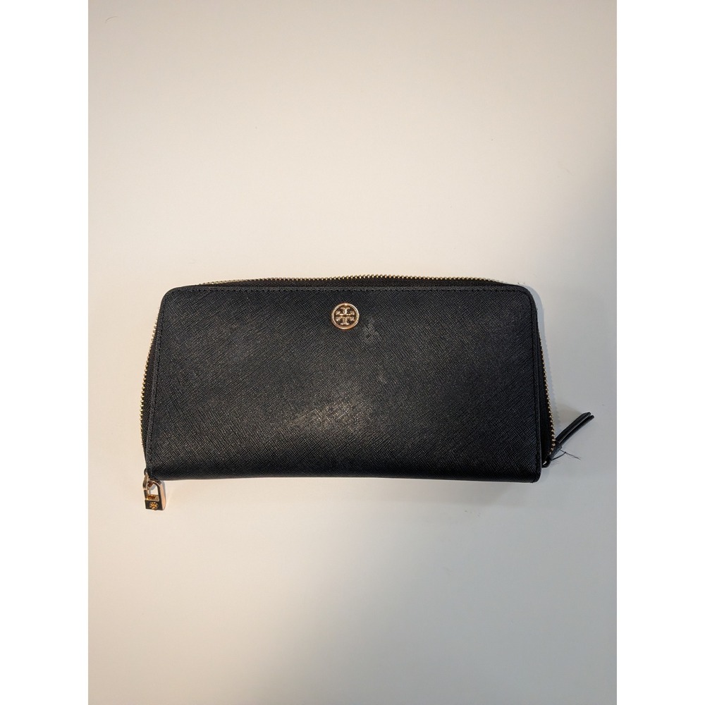 Tory Burch Robinson Zip Continental Wallet Black Saffiano Leather Gold Logo